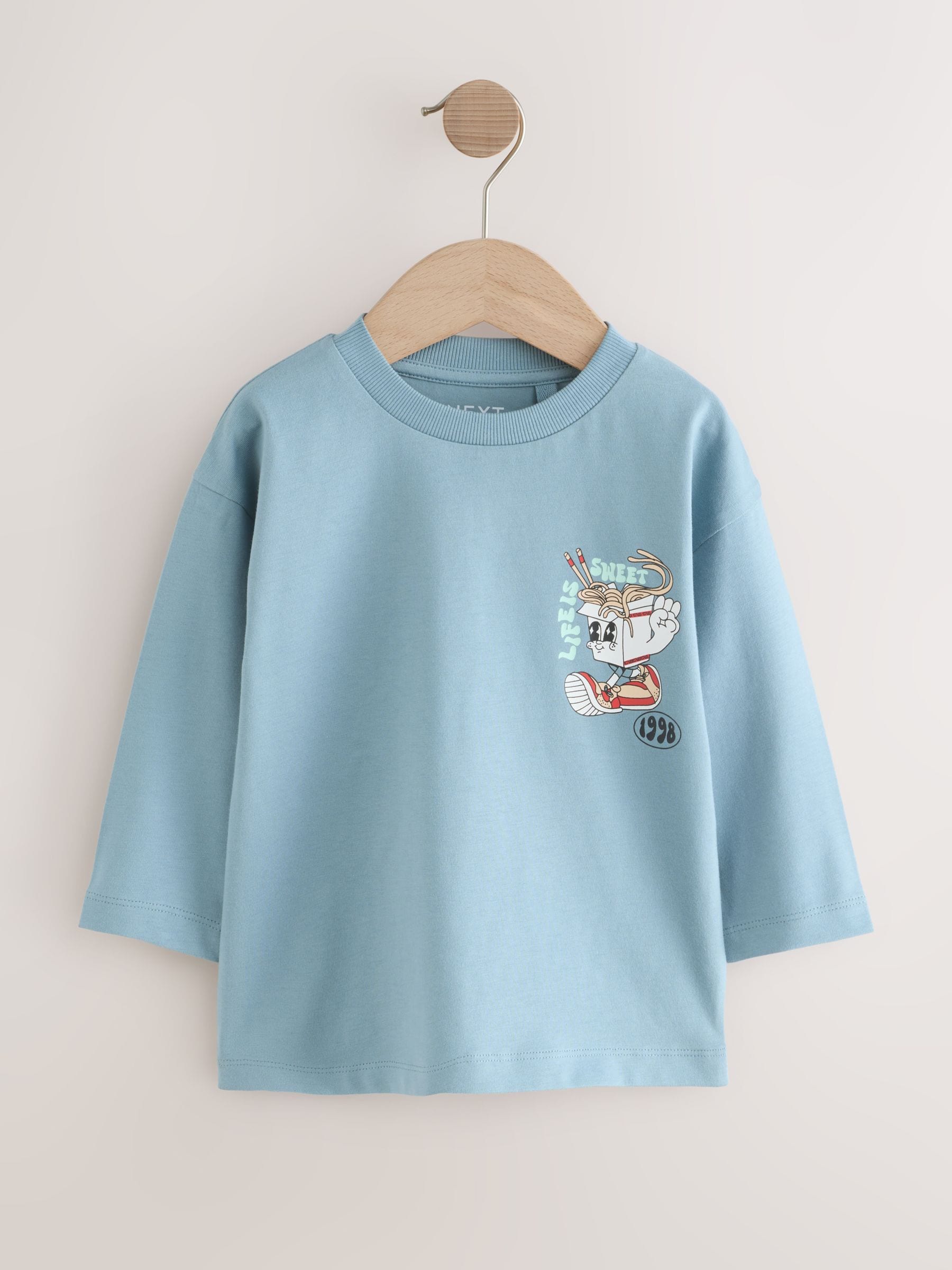 Blauw Noodle Up - T-shirt met lange mouwen en print op de rug (3mnd -8jr)