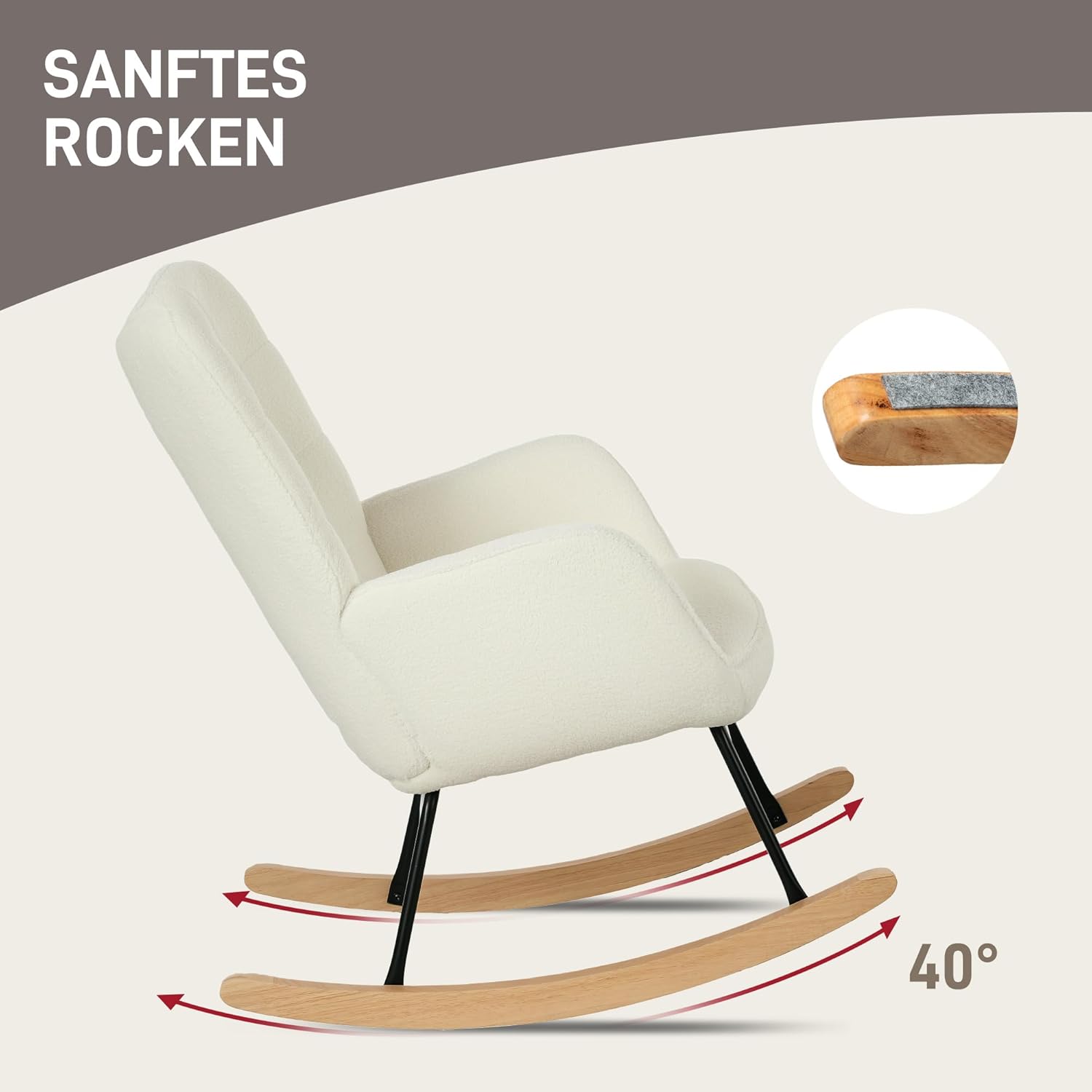 HOMCOM Schaukelstuhl, Schaukelsessel mit Berbervliesoptik, Armlehne, Gepolsterter Sessel mit Holzkufen, Relaxsessel für Wohnzimmer, Schlafzimmer, bis 120kg belastbar, Weiß