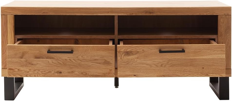 Lomadox Wohnzimmer Lowboard Fernsehschrank mit 138 cm Breite in Eiche teilmassiv, mit 2 offenen Fächern & 2 Schubladen, Echtholz/Massivholz-Fronten, geölt