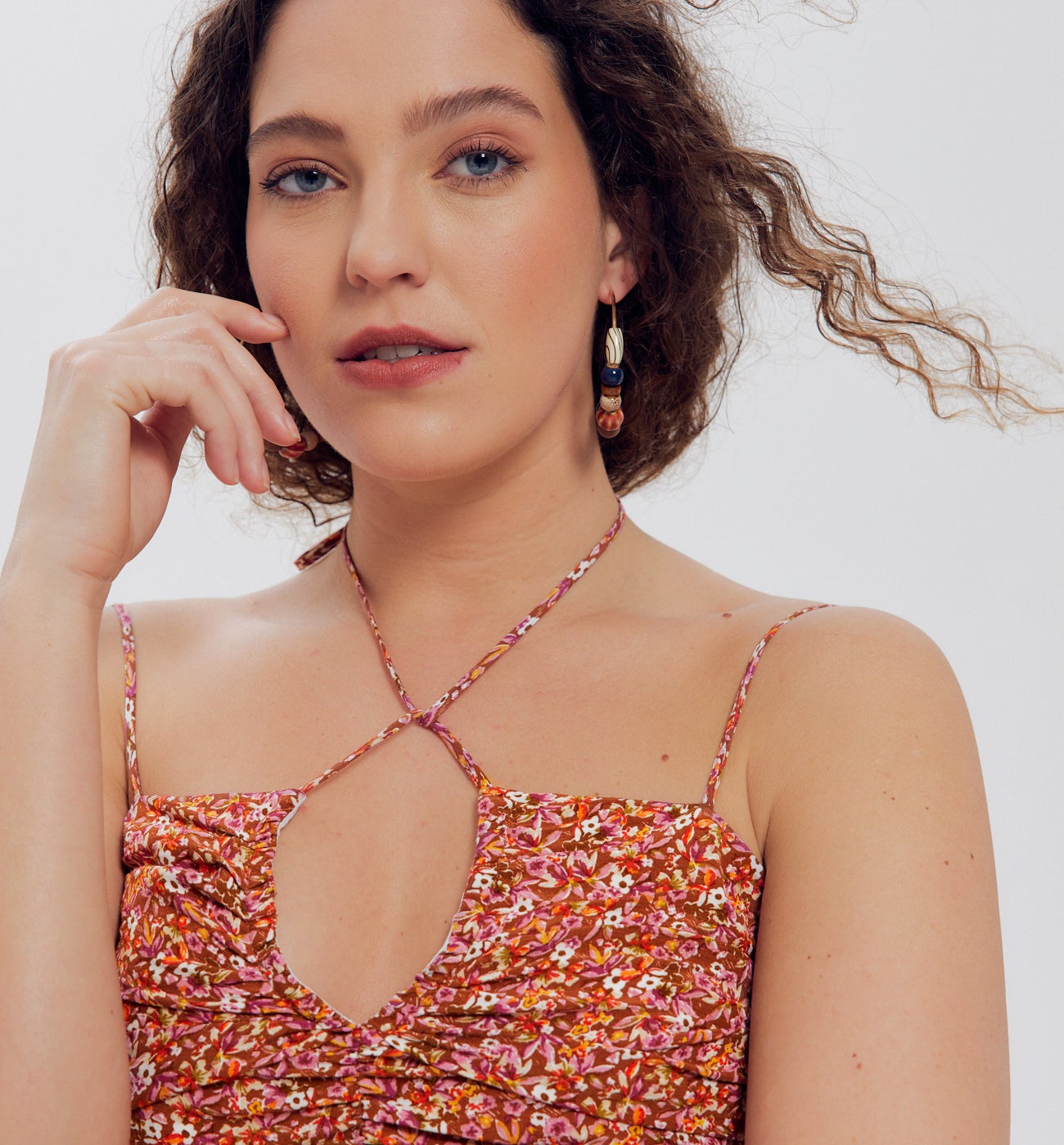 Crop top smocké Femme - Imprimé multicolore