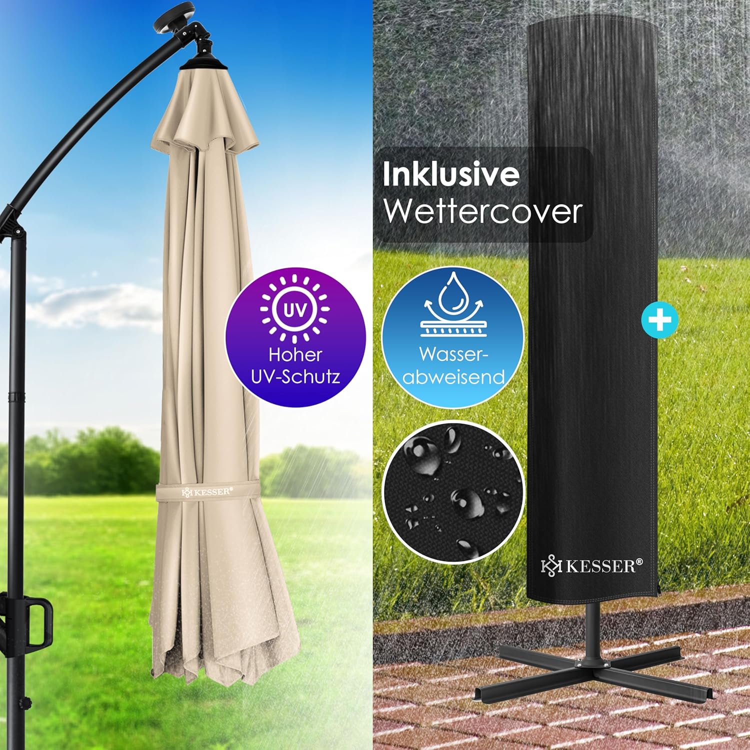 KESSER® Ampelschirm Holly Sonnenschirm Rechteckig LED Solar inkl. Abdeckung | Kurbel-Schirm mit Ständer UV-Schutz Aluminium Wasserabweisend Ø350cm Gartenschirm Beige