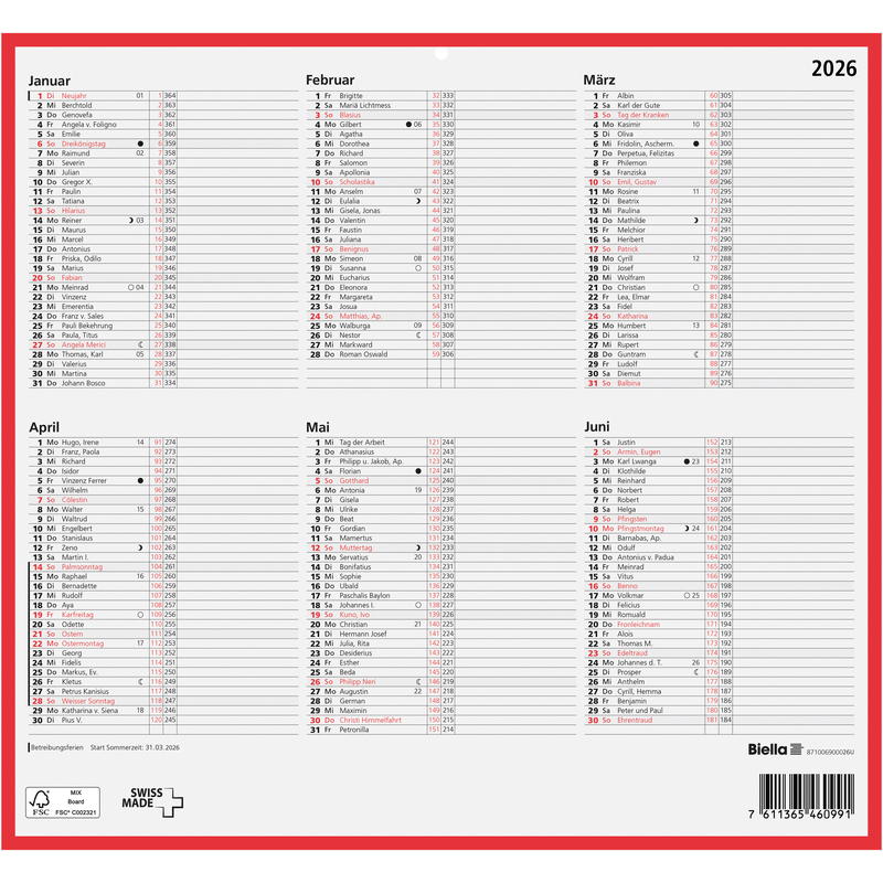 Biella Wandkalender 2026, 6 Monate / Seite