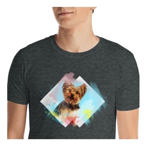 Camiseta masculina Mascochula em aquarela, personalizada com a foto do seu pet, cinza escuro.