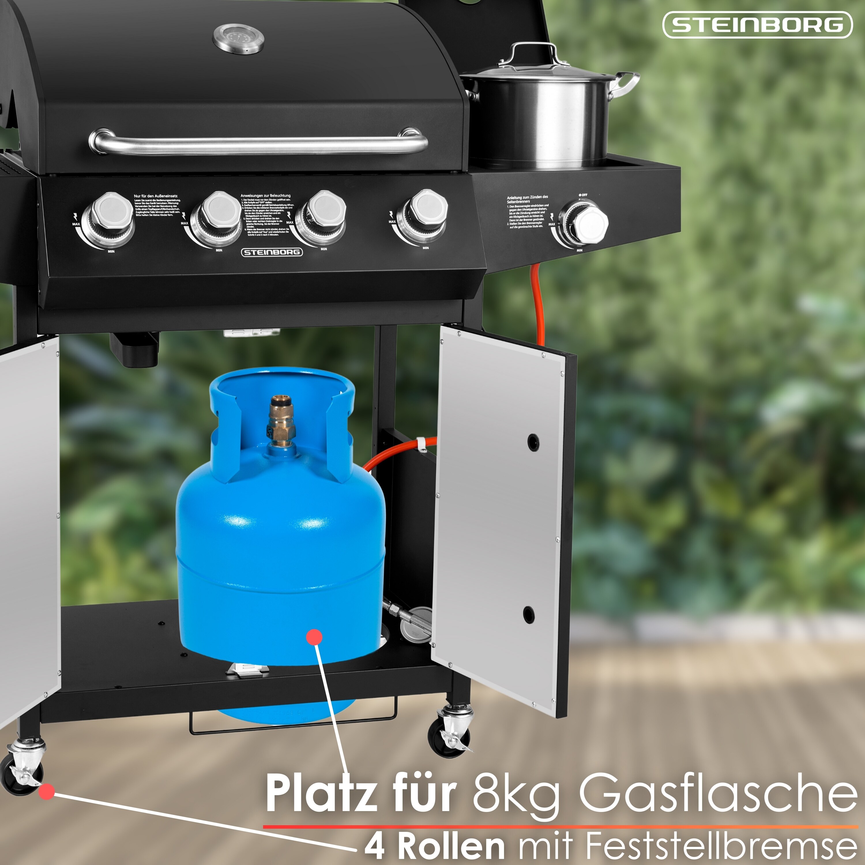 Steinborg Gasgrill 4 Brenner mit Seitenbrenner Beleuchtete Drehknöpfe