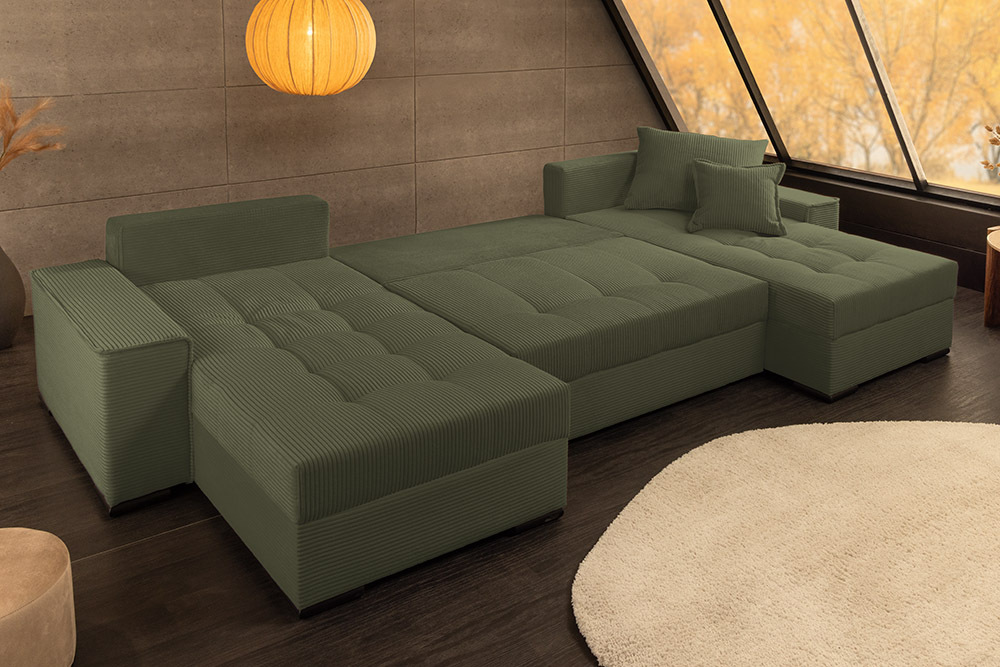 XXL Wohnlandschaft LODGE 315cm grün Cord Sofa mit Schlaffunktion und Stauraum