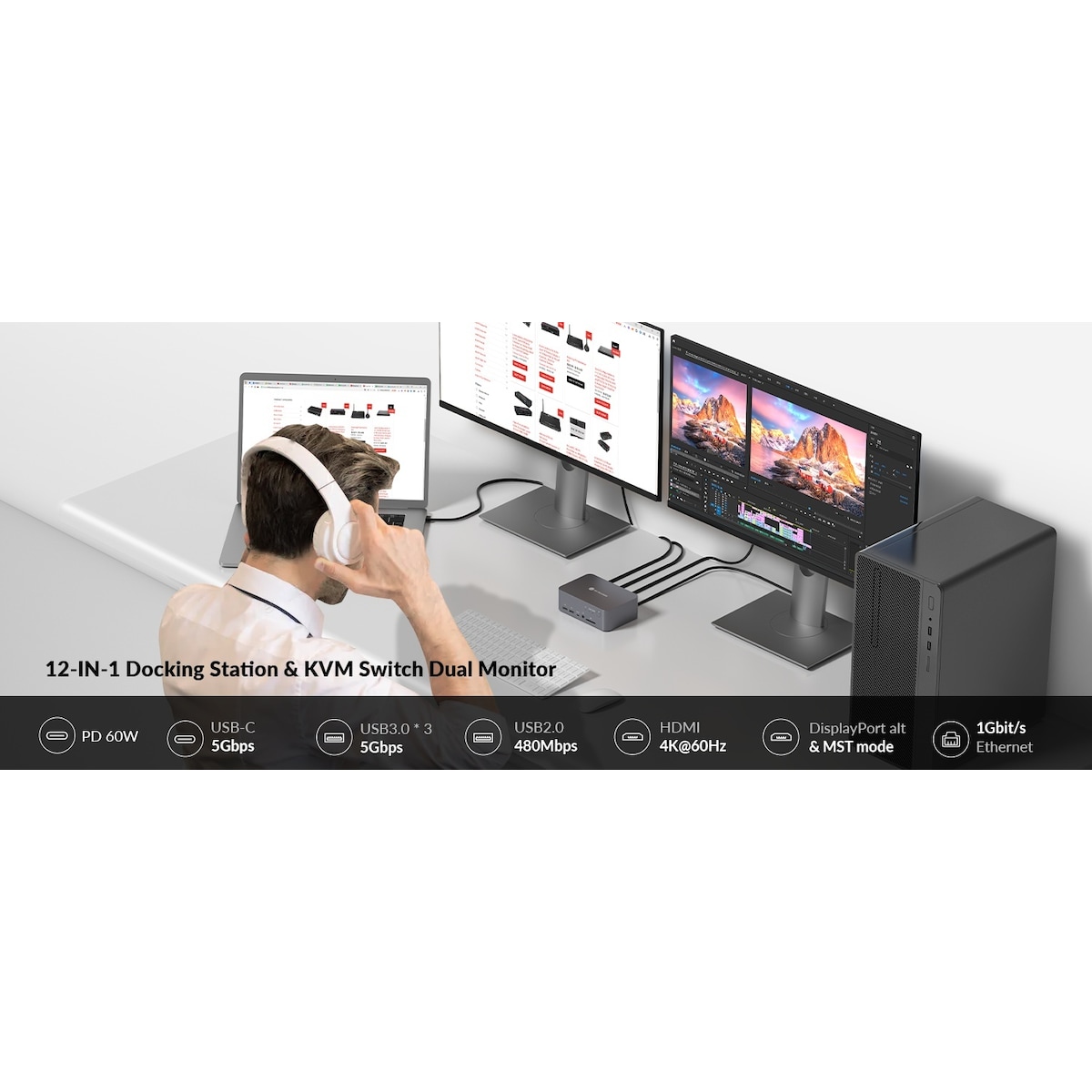 AV Access-dokkingstasjon og KVM-svitsj 2 til 2 USB-C & DP+HDMI til HDMI, 4K60Hz, 5x USB-A, 1x USB-C PD 60W, 3,5 mm AUX, SD-kortspor og Toslink