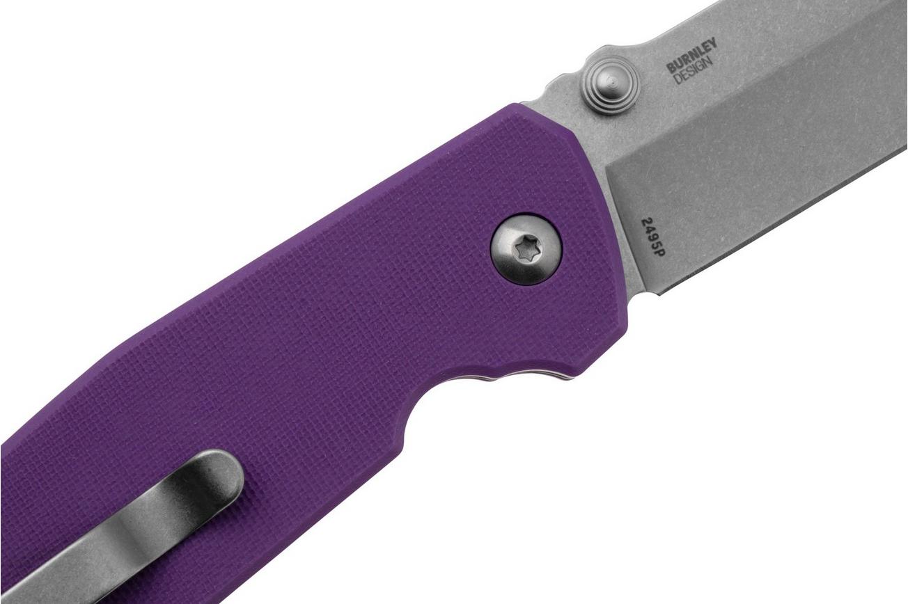 CRKT Squid XM Button Lock 2495P Stonewashed 14C28N, Violet G10, zakmes, Lucas Burnley design