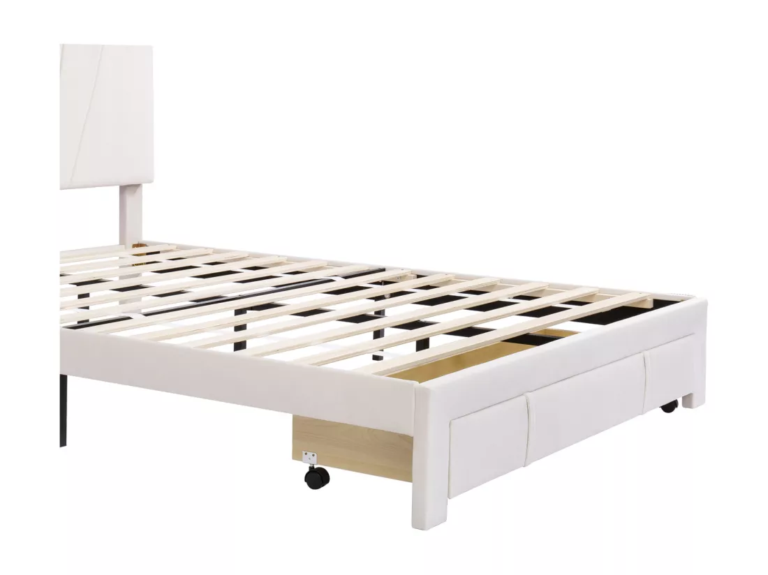 Lit rembourré 140 x 200 cm - sommier à lattes - grand tiroir - velours - Beige