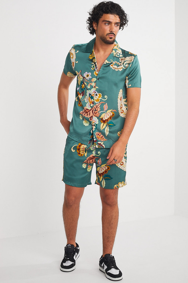 Ensemble 2 pièces chemise + short vert à motif fleuri