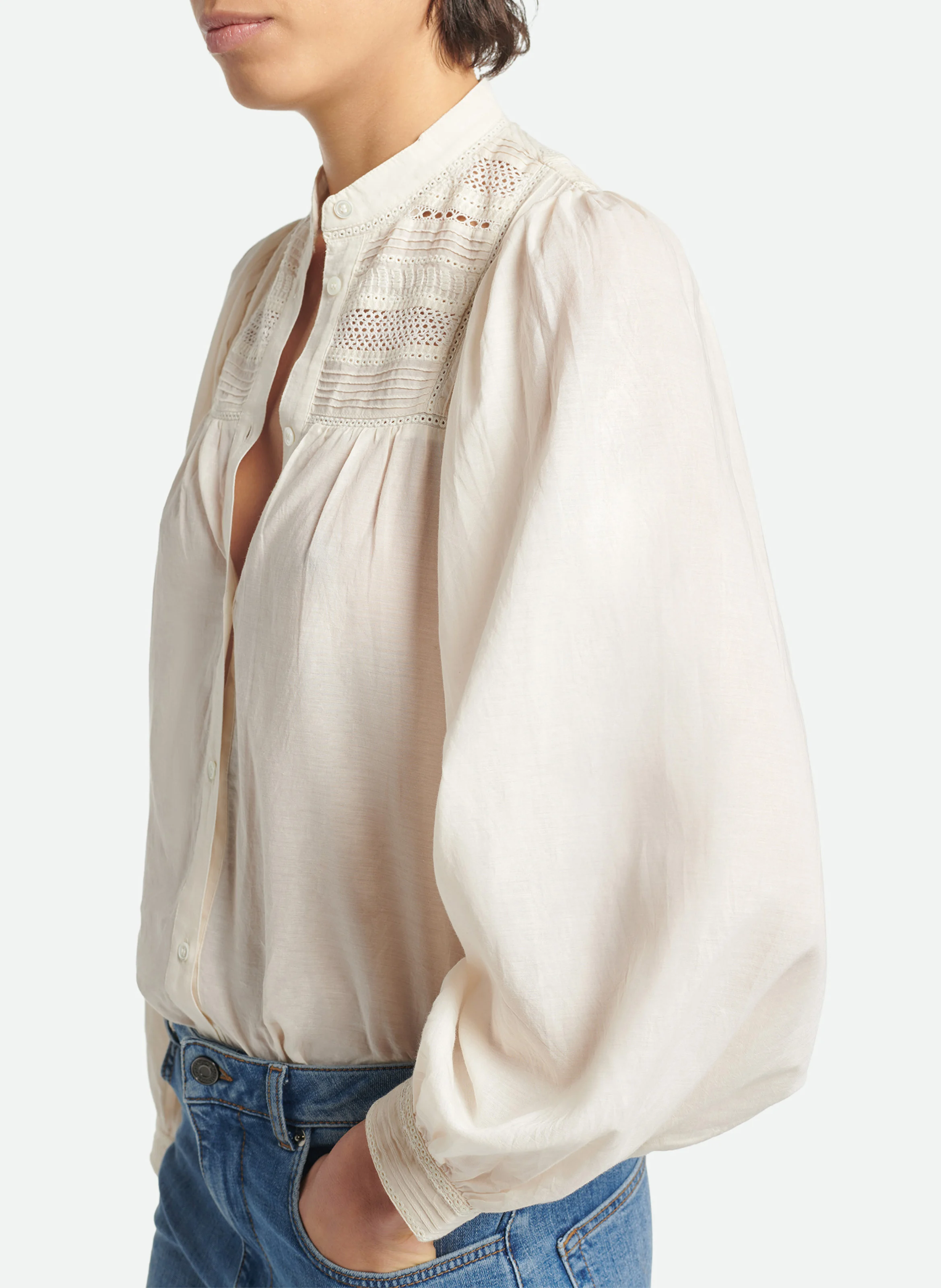 VALDO - Chemise col mao en coton brodé | Blanc