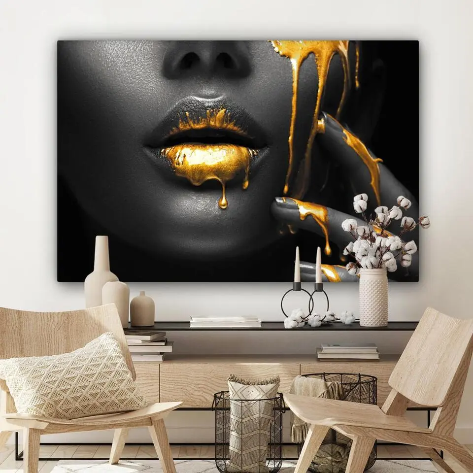 MuchoWow Canvas Schilderij 120x80cm Vrouw Zwart Goud Gezicht
