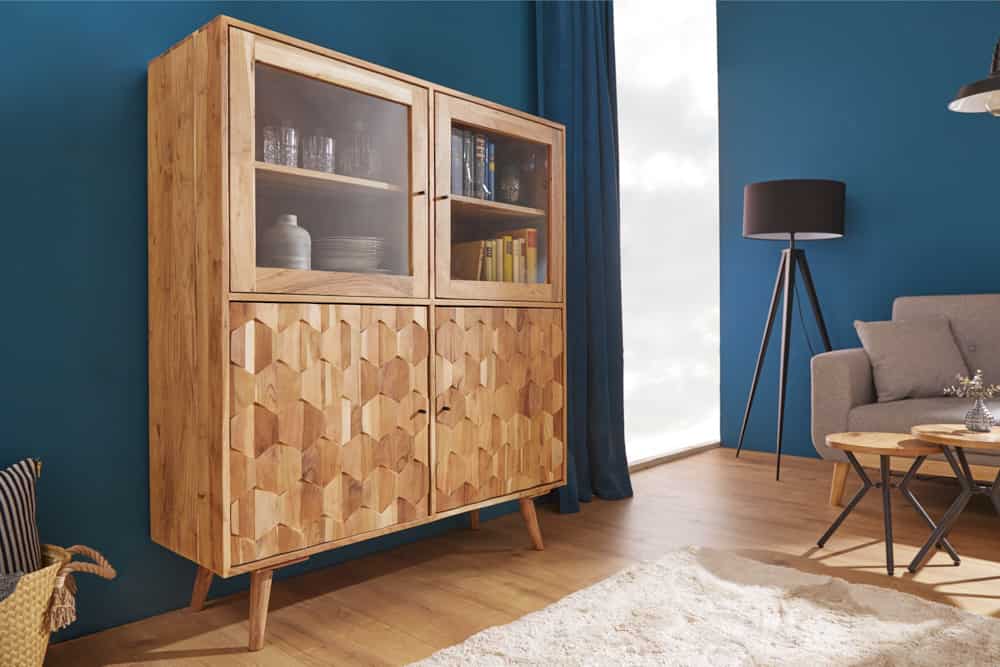 Massivholz Highboard MYSTIC LIVING 140cm Akazie natur Vitrine 3D-Oberfläche