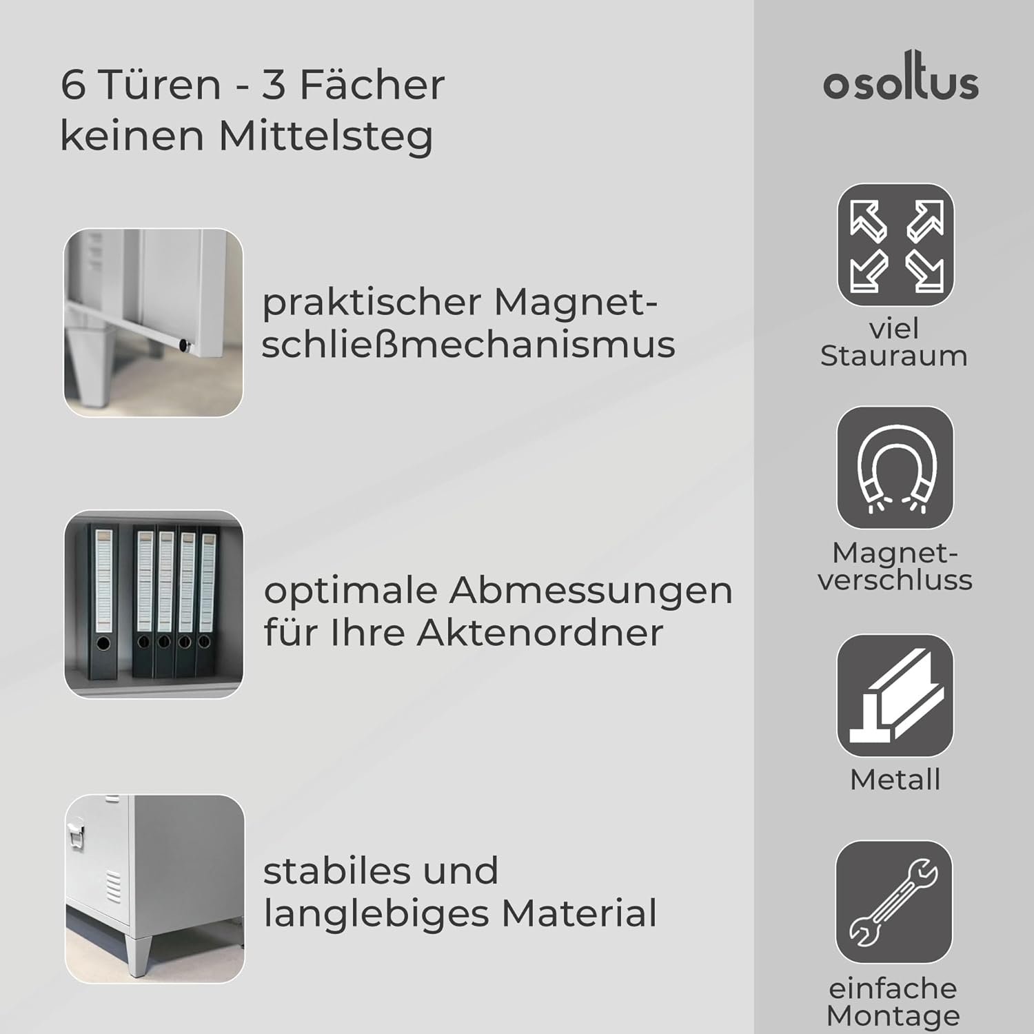 Spindschrank Industrie Design 6-türig | Büroschrank Metall 80 x 113 x 40cm grau | magnetischer Schließmechanismus - Hänkelgriffe + Lüftungsgitter