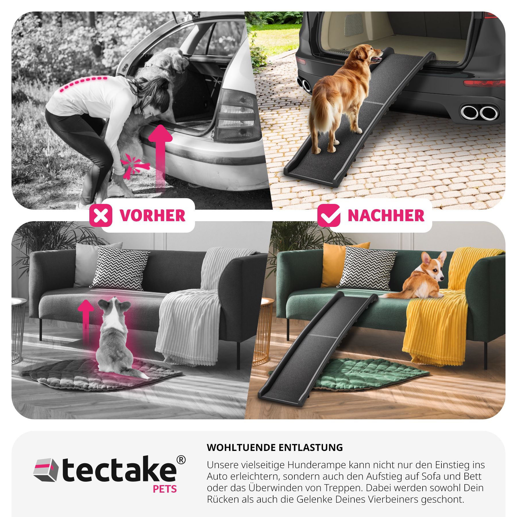 tectake® Hunderampe, klappbar und rutschfest, Belastbarkeit 90 kg, 155 x 40 x 14 cm