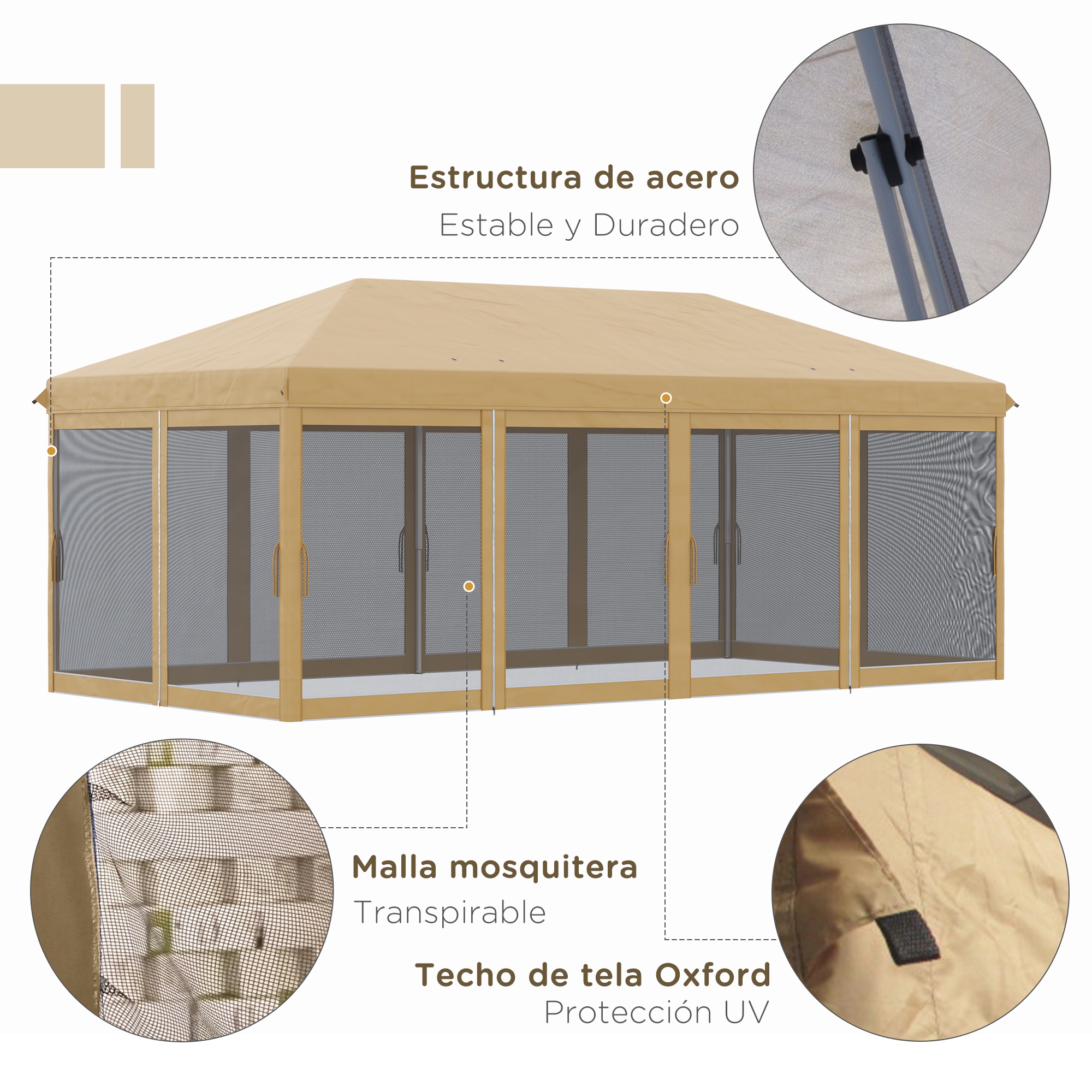 Tenda dobrável Outsunny 6x3m para jardim, com 6 mosquiteiros, bolsa de transporte e estrutura de aço para acampamentos e festas, bege.