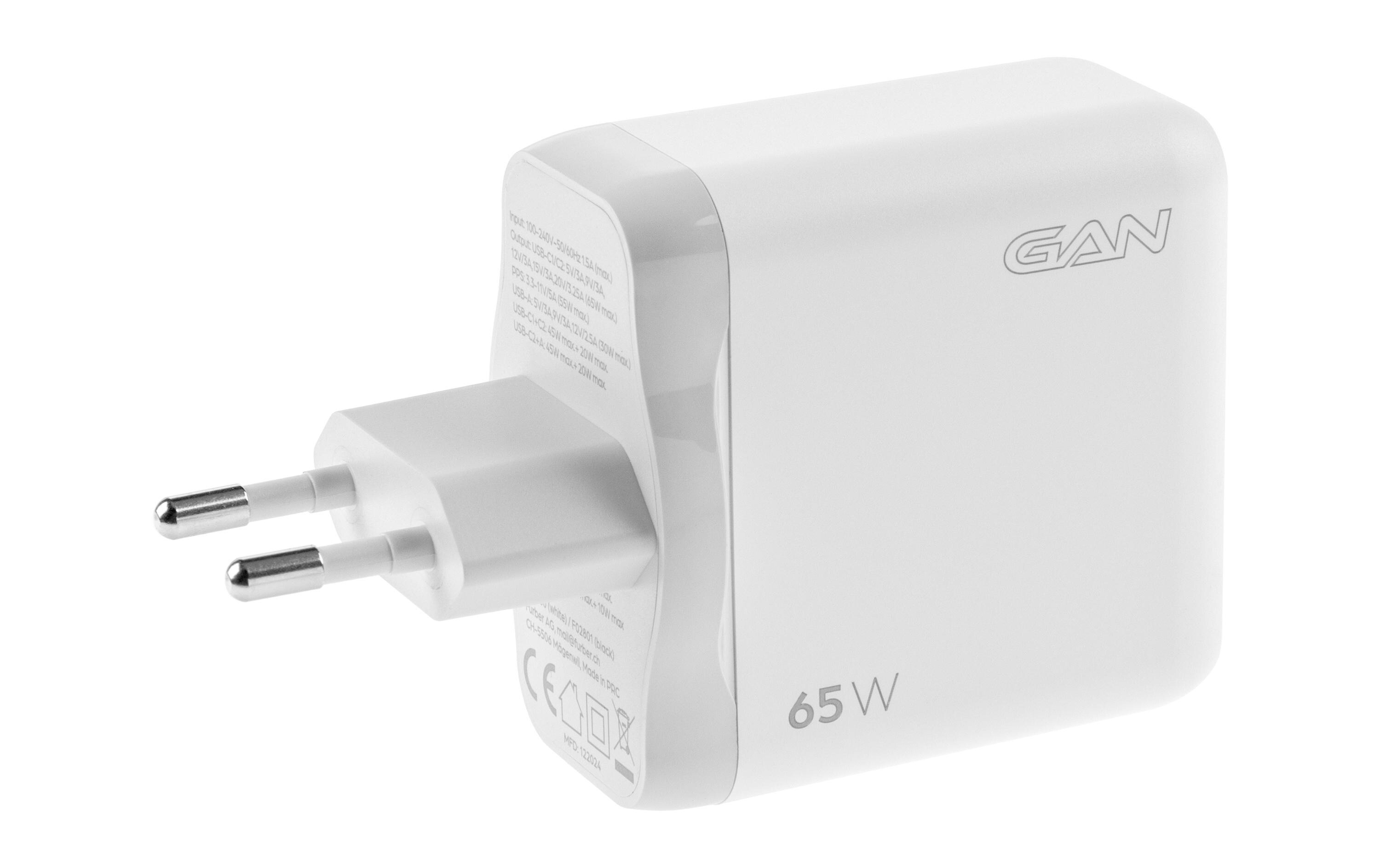 USB-Wandladegerät Triple 2C1A 65 W GaN WeissLadeadapter mit zwei USB-C-Ports und einem USB-A-Port