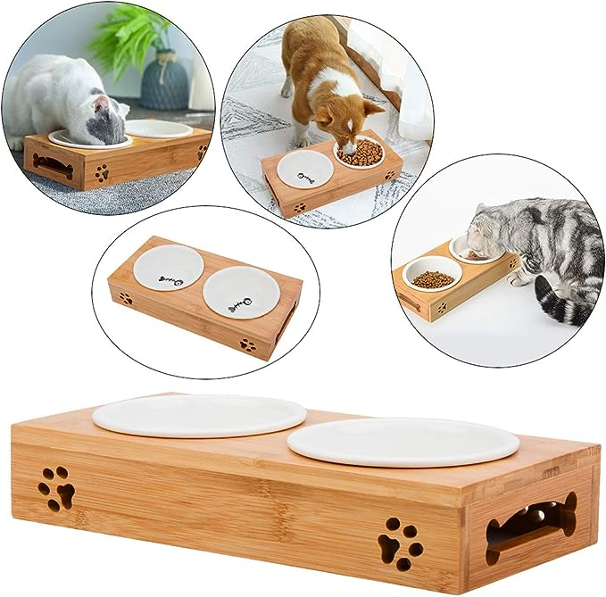 Bambus Haustier Futterstation Katzen Fress Napf Hunde Schale - Braun / Weiss