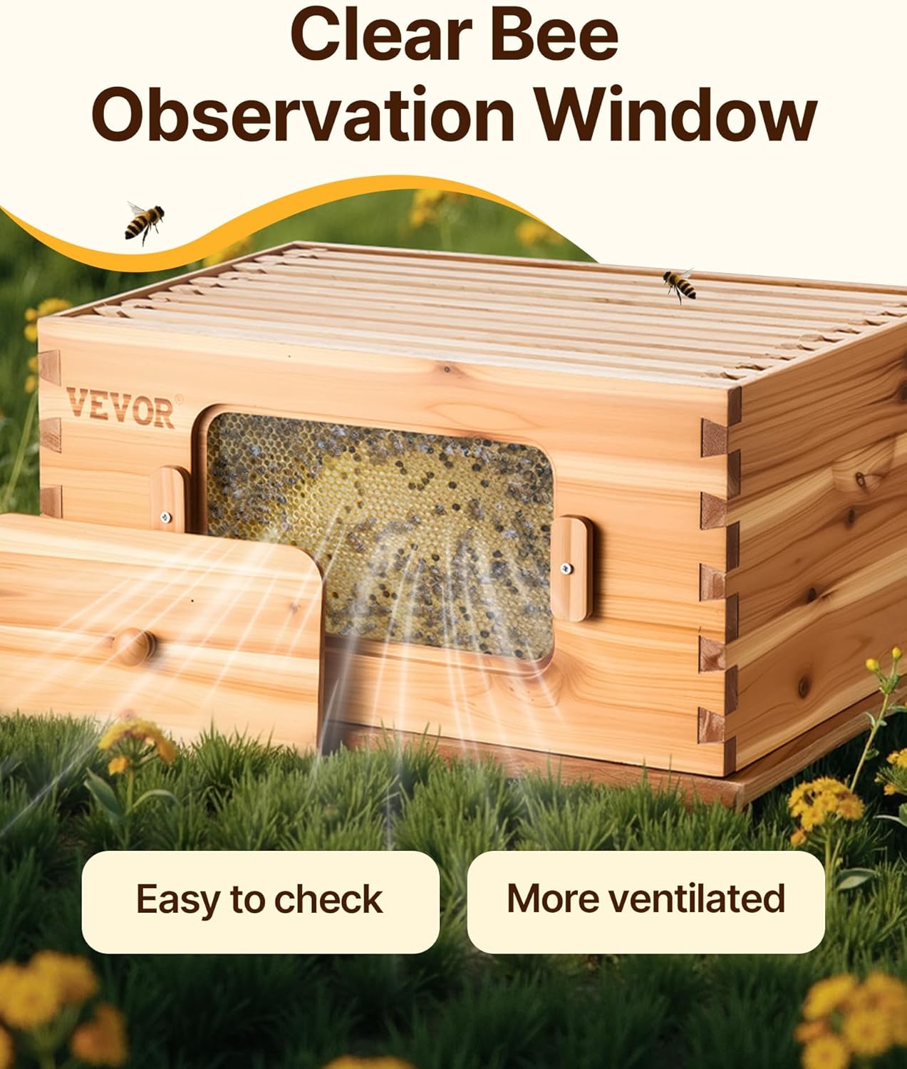 VEVOR Bienenstock, Zander Beute für 30 Rahmen, mit Bienenwachs beschichtetes Tannenholz, 2 Tiefe + 1 mittelgroßer Bienenkasten, Langstroth-Bienenstock-Set, transparente Acrylfenster mit Fundamenten