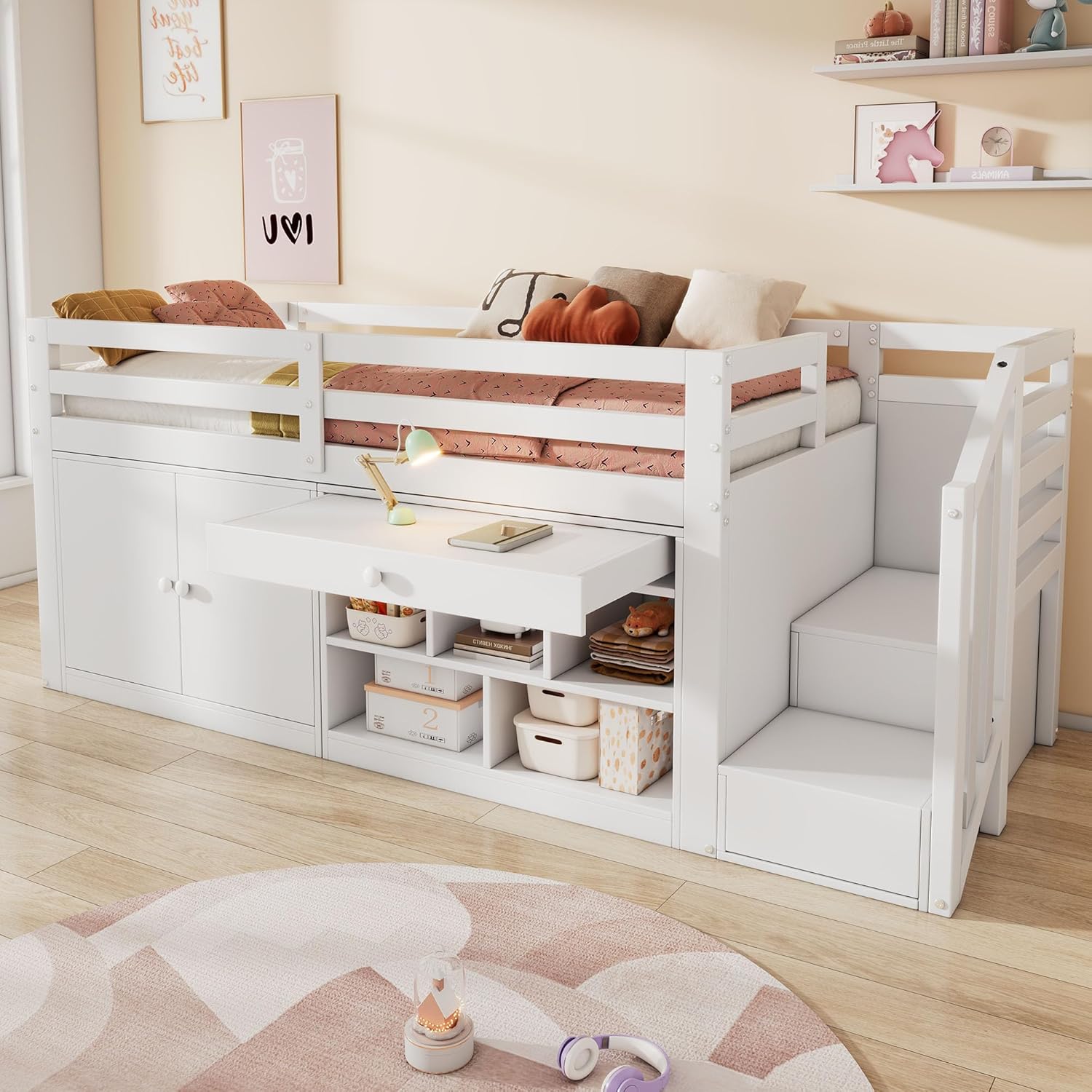 Kinderbett 90x200 Einzelbett, Hochbett mit Stauschrank, Schreibtisch und Treppe, Regal & Schubladen & Schließfach, Holzbett Stauraumbett Funktionsbett Jugendhochbett mit Lattenrost,Ohne Matratze,Weiß