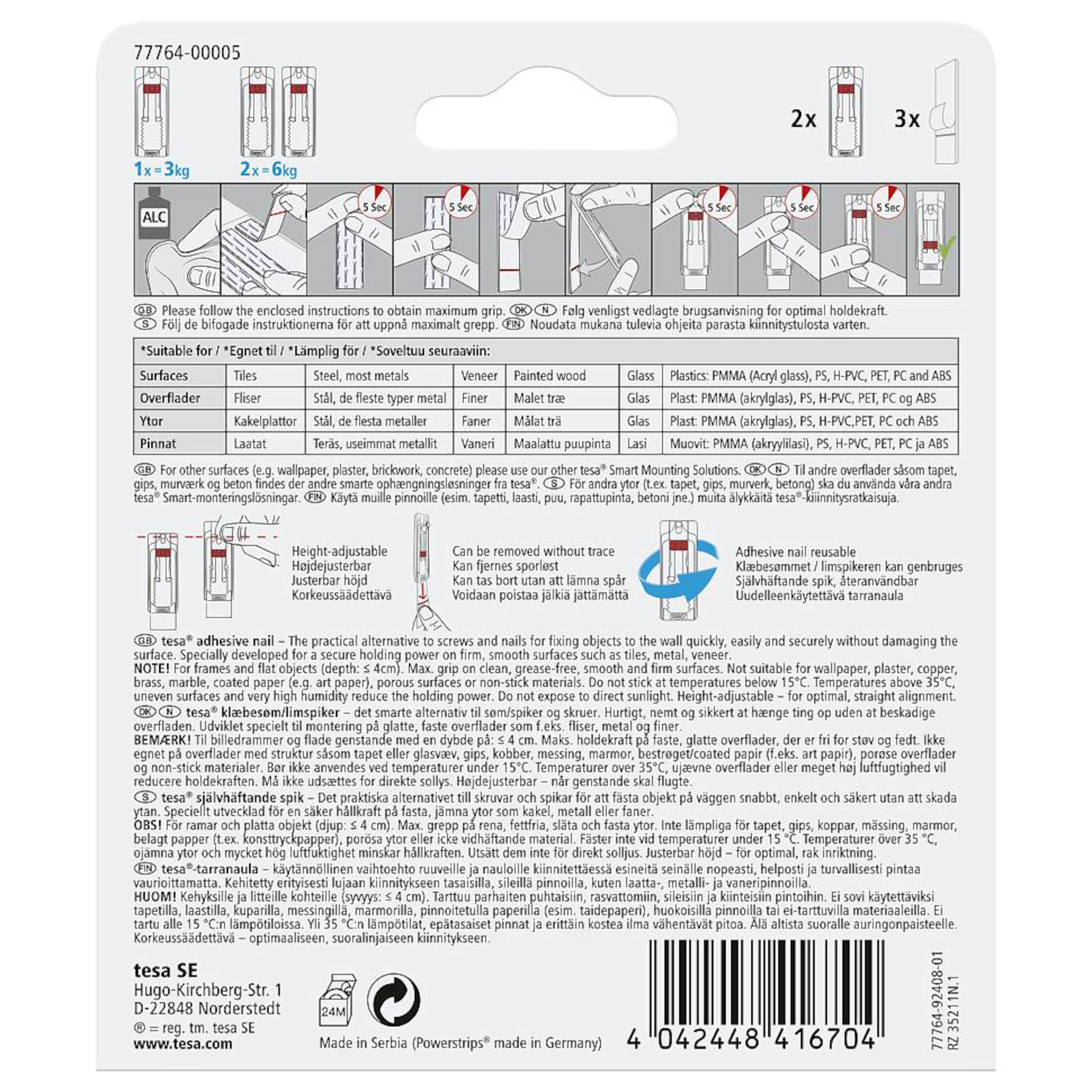 Tesa Justerbar limspiker for kakkel og metall 3 kg 2-pk.
