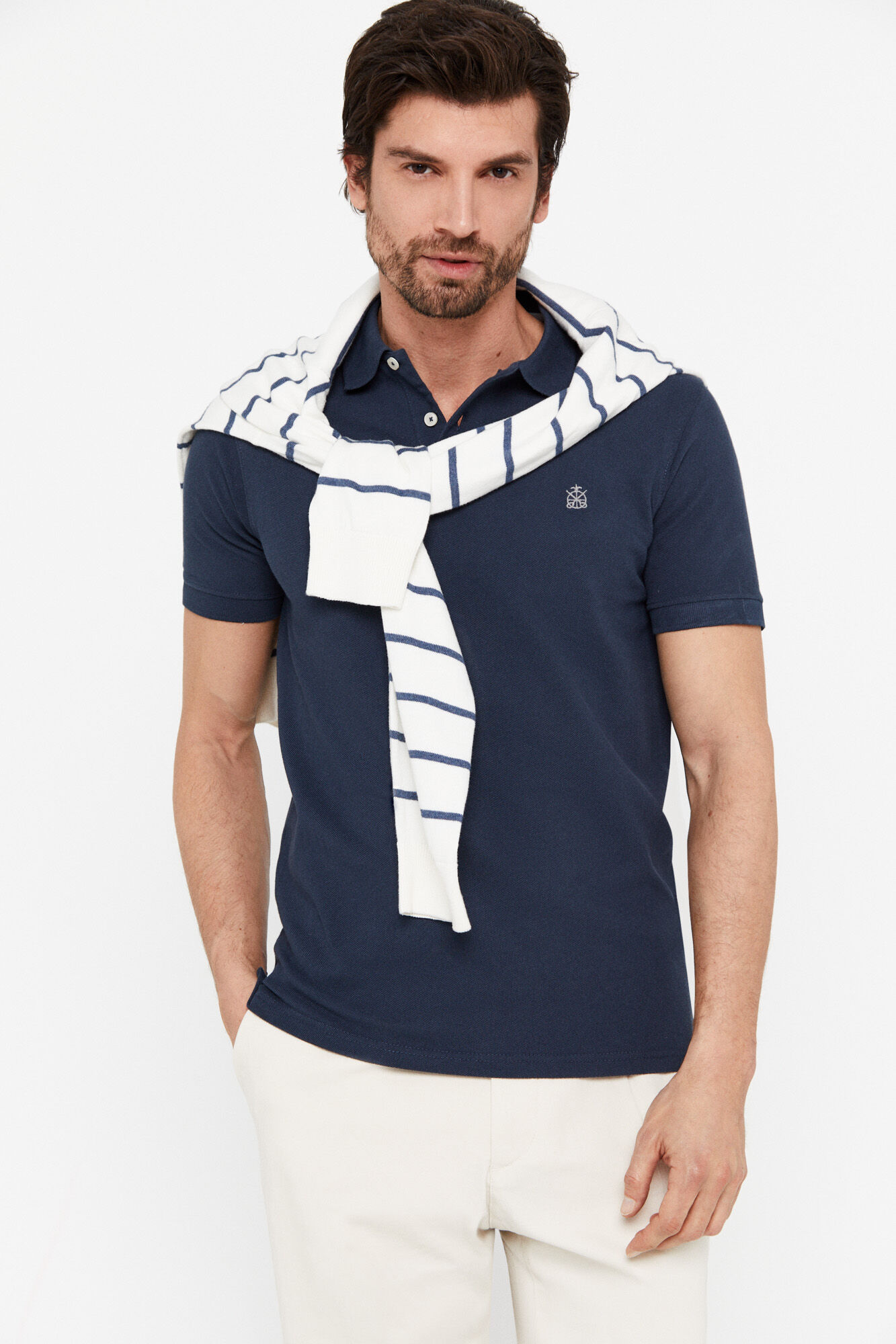 Polo básica de piqué slim - Azul escuro