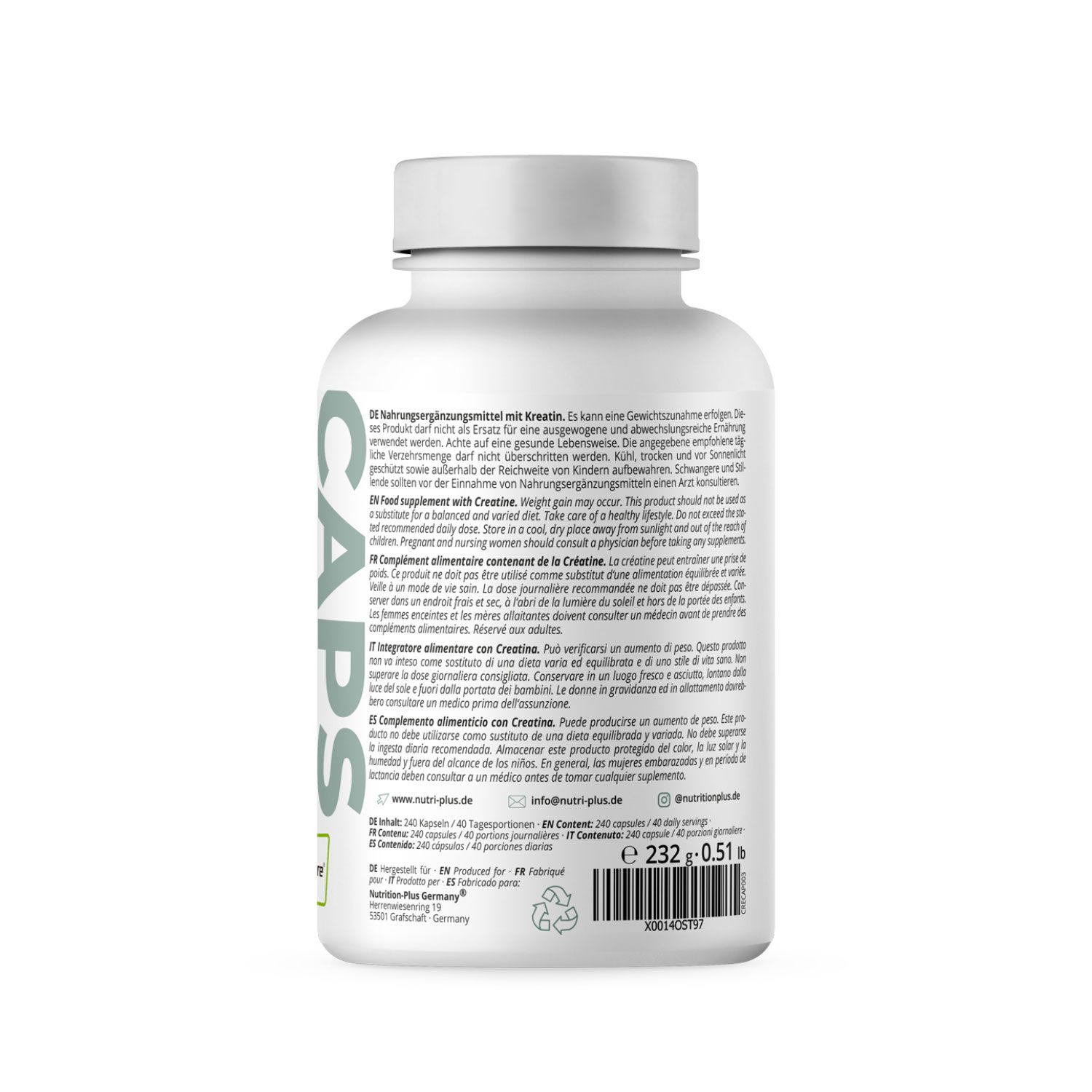 Nutri+ Creatin Monohydrat (Creapure®) Kapseln