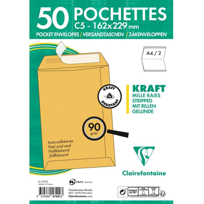 Paquet de 50 Pochettes Kraft Milleraies Brun C5-162x229 mm - Auto-Adhésives - 90g/m2 - Brun