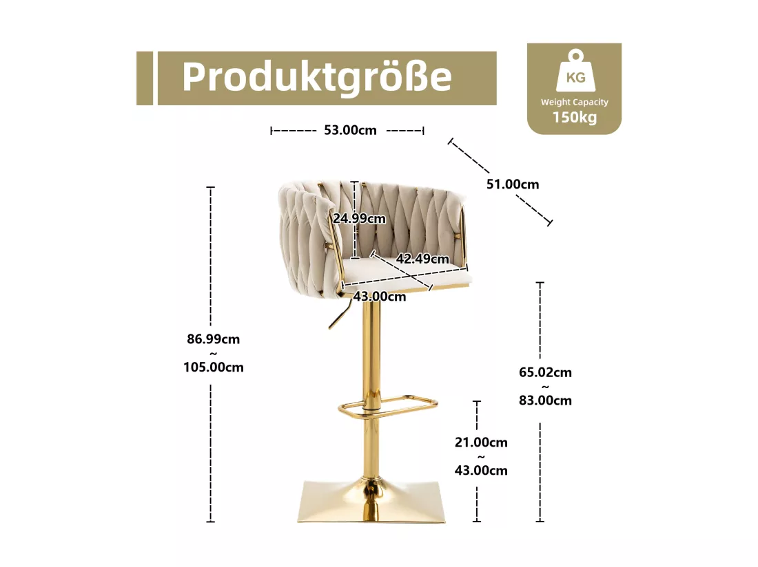Lot de 2 tabourets de bar, pivotante, réglable en hauteur avec dossier et repose-pieds, pied en metal, 53x51x83-105cm, beige