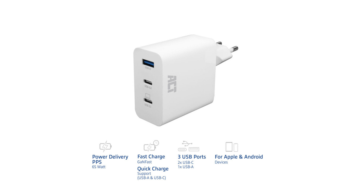 ACT ConnectivityUSB-C/USB-A lader 65W 3-poorts met Power Delivery PPS, QuickCharge en GanFast  (Wit)