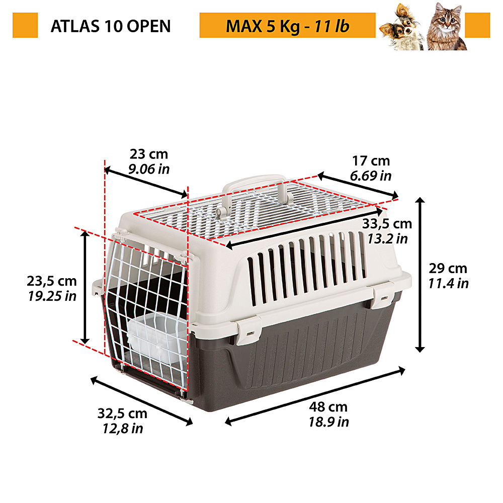 Ferplast caisse de transport chat, cage de transport pour chiens petits et chats jusqu'à 5 kg, toit ouvrable, avec coussin et