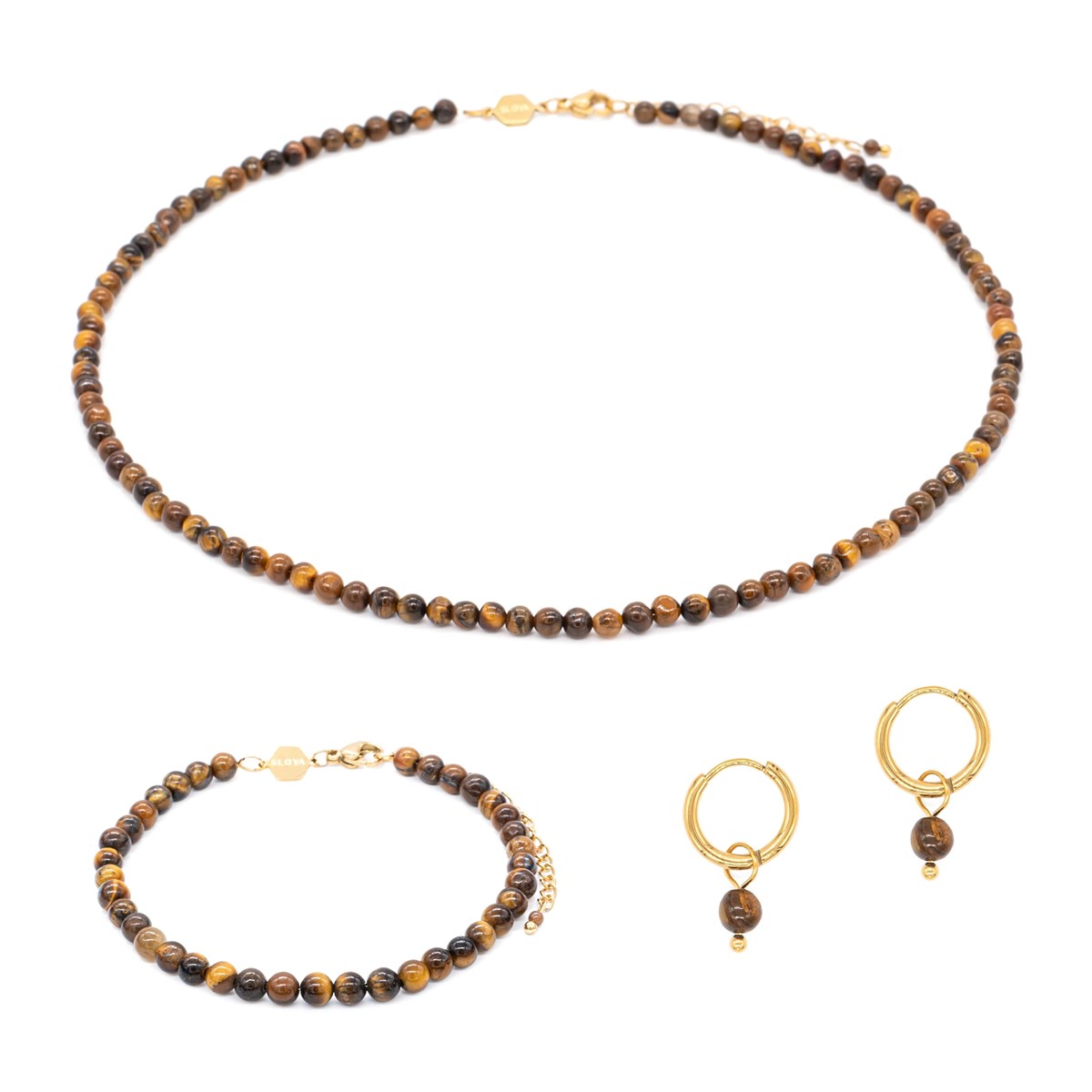 Collier, bracelet et boucles d'oreilles Serena en pierres Oeil de Tigre