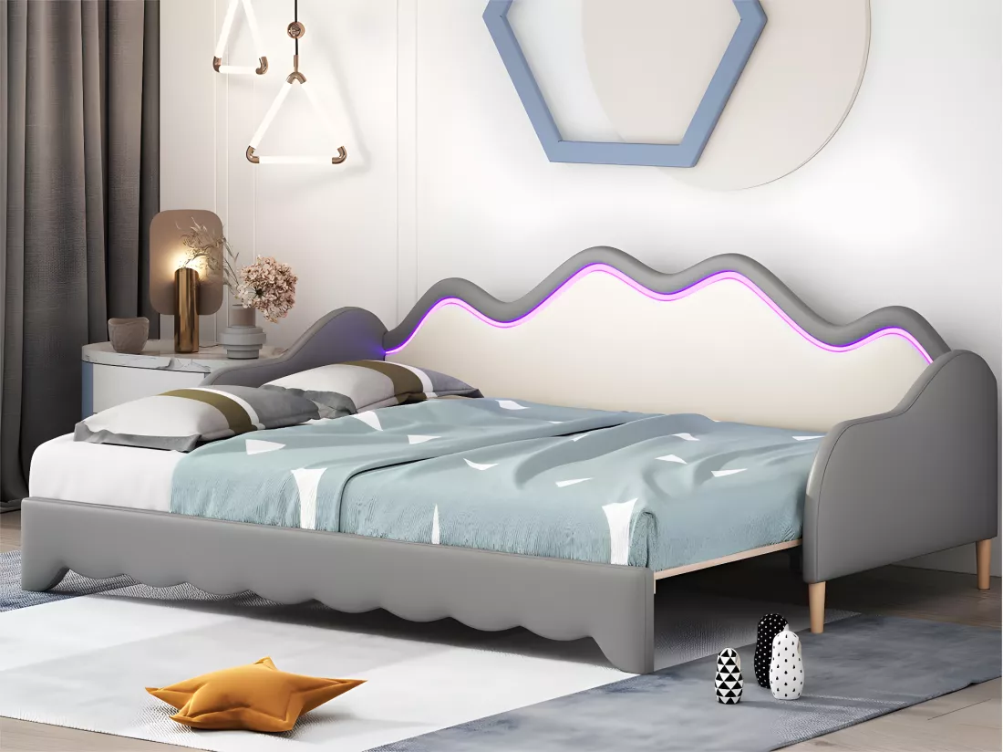 Lit gigogne tirable 90(180)x190 cm - en similicuir - avec éclairage LED et sommier à lattes - Gris