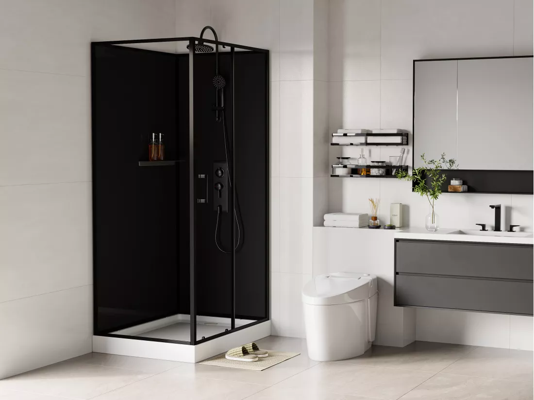 Cabine de douche rectangulaire - Installation réversible - Noir - L110 x l80 x H225 cm - ZODANI