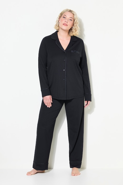 Pyjama, Satin-Piping, Reverskragen, Langarm