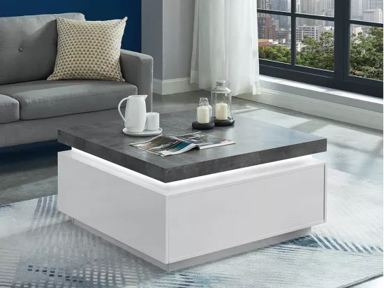 Table basse HALO II - 2 tiroirs - MDF laqué - Avec LEDs - Blanc et Béton