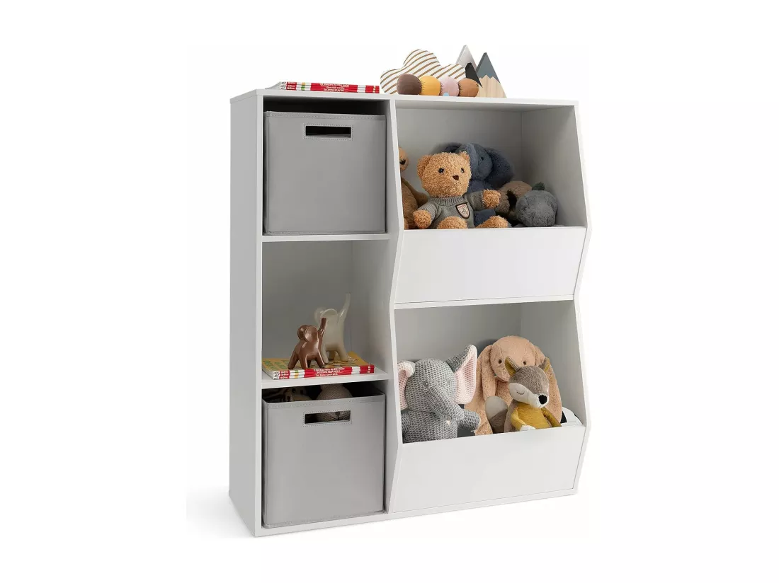 Étagère à Jouets Enfant avec 2 Bacs en Tissu Amovibles, Bibliothèque Enfant avec 3 Étagères Ouvertes & 2 Compartiments, Meuble Rangement Enfant pour Jouets Livres, 77 x 33 x 93,5 cm