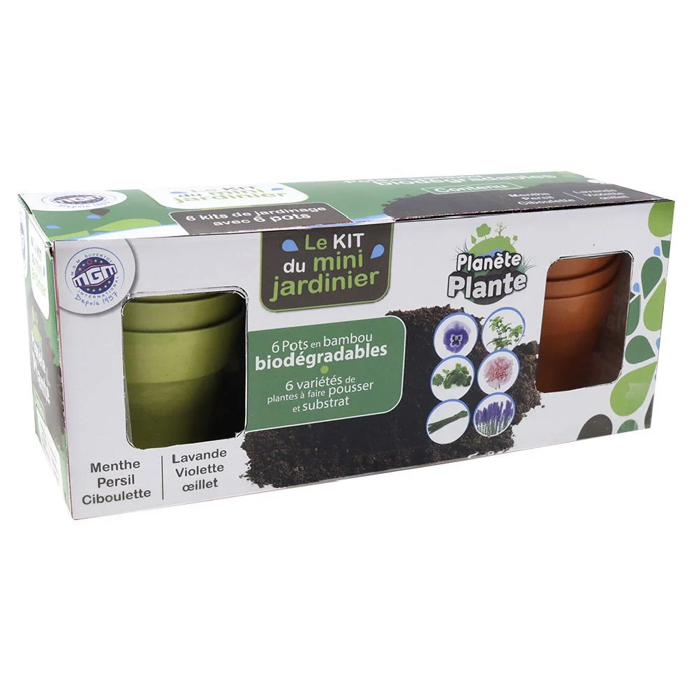 Le kit du mini jardinier pour plantes avec pots en bambou et substrat