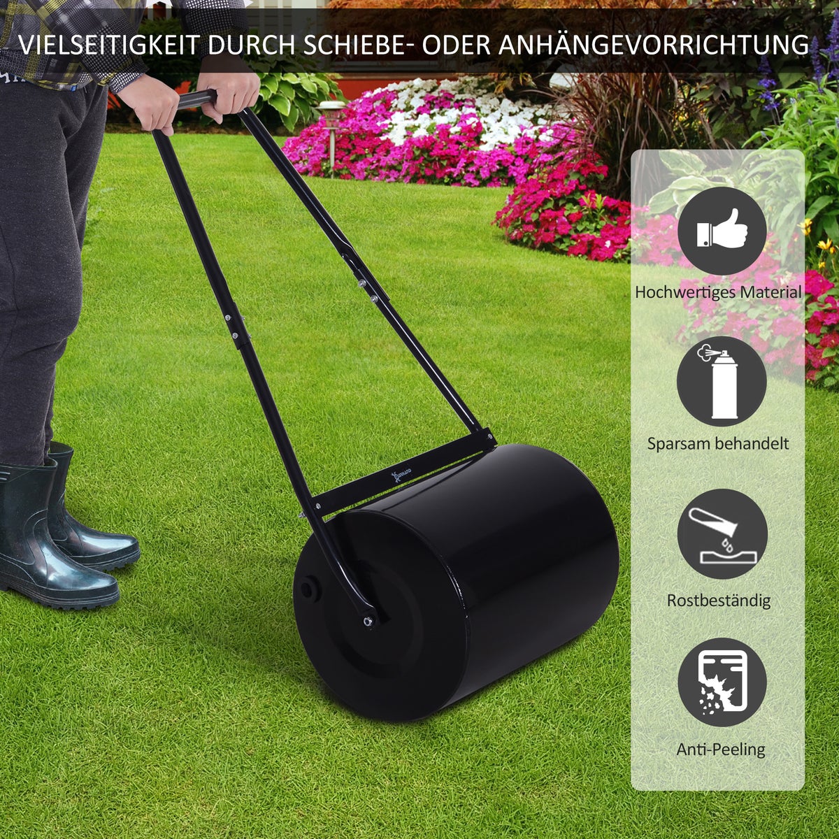 Outsunny gazonrol met U-greep, tuinrol, 40 cm diameter, 60 L water/zandvulling, 57 x 40 x 123 cm, metaal, zwart