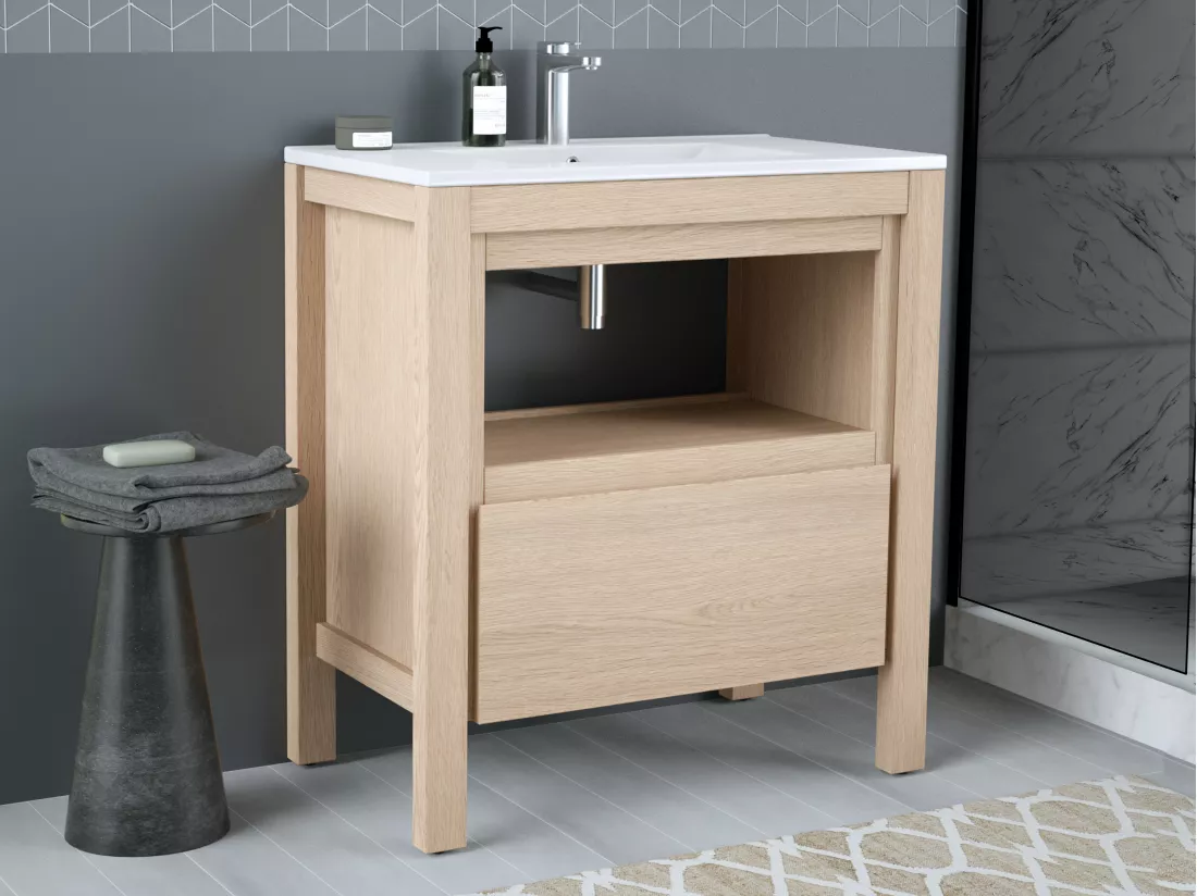 Meuble de salle de bain avec vasque à encastrer - Placage chêne - 80 cm - COSMOTI
