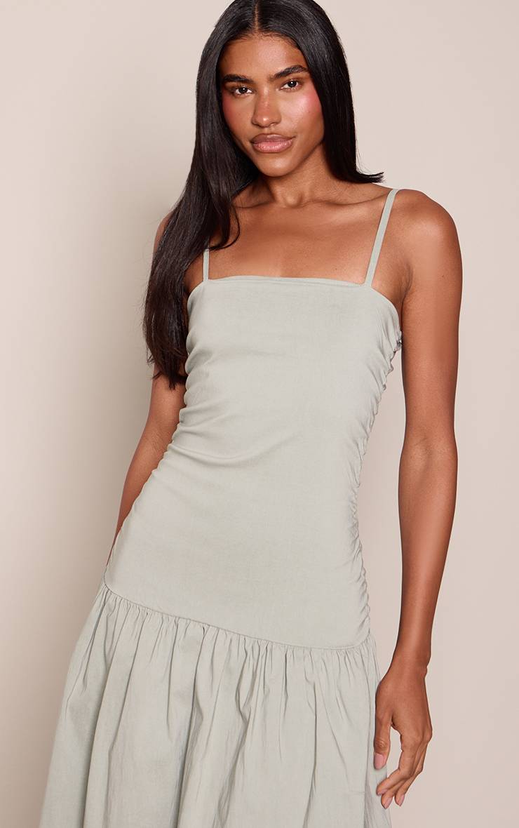 Vert Sauge Robe Maxi Froncée À Bretelles En Tissu Extensible Tissé