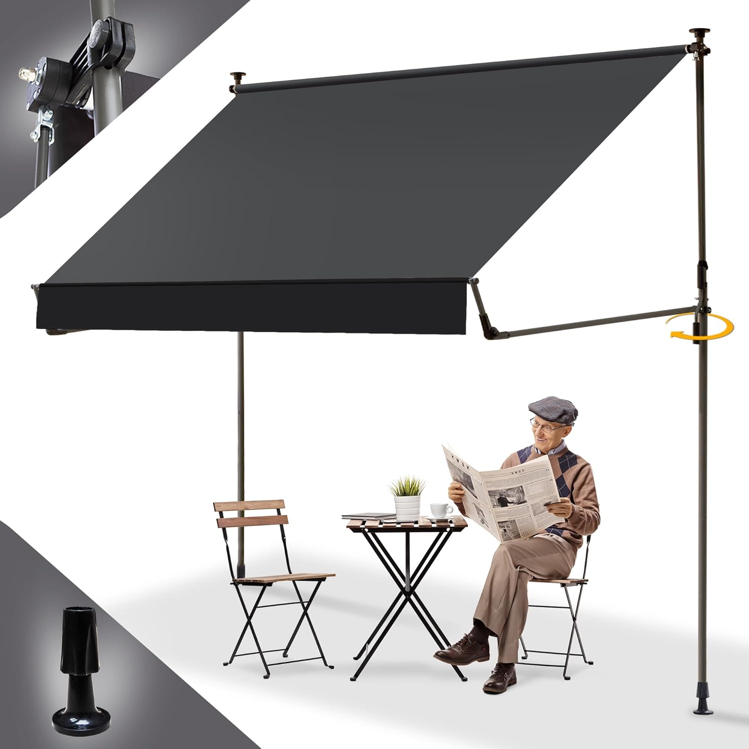 BelleMax Klemmmarkise ohne Bohren mit Handkurbel Balkon, Anthrazit 200 cm x (125 + 25) cm, Balkonmarkise Faltbarem Seitenarm, Markise UV-Schutz & Sonnenschutz, Wasserdicht Höhenverstellbar