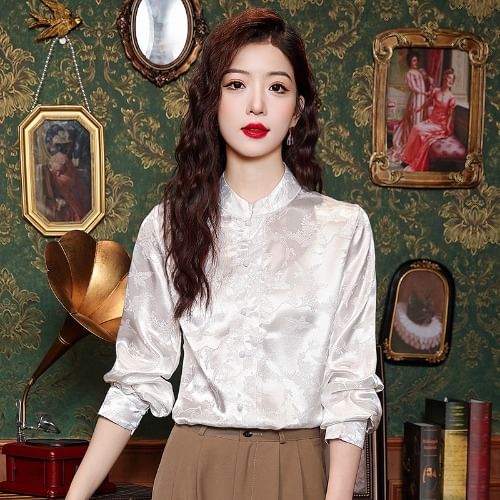 Dragan Pulse - Blouse met pofmouwen, bloemenjacquard en hoge hals