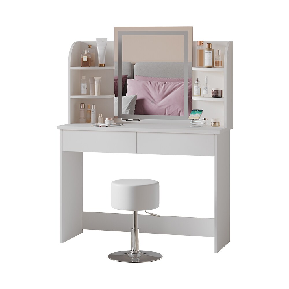 Vicco Schminktisch Charlotte Weiß 106 cm mit LED-Spiegel QI-Ladestation und Hocker