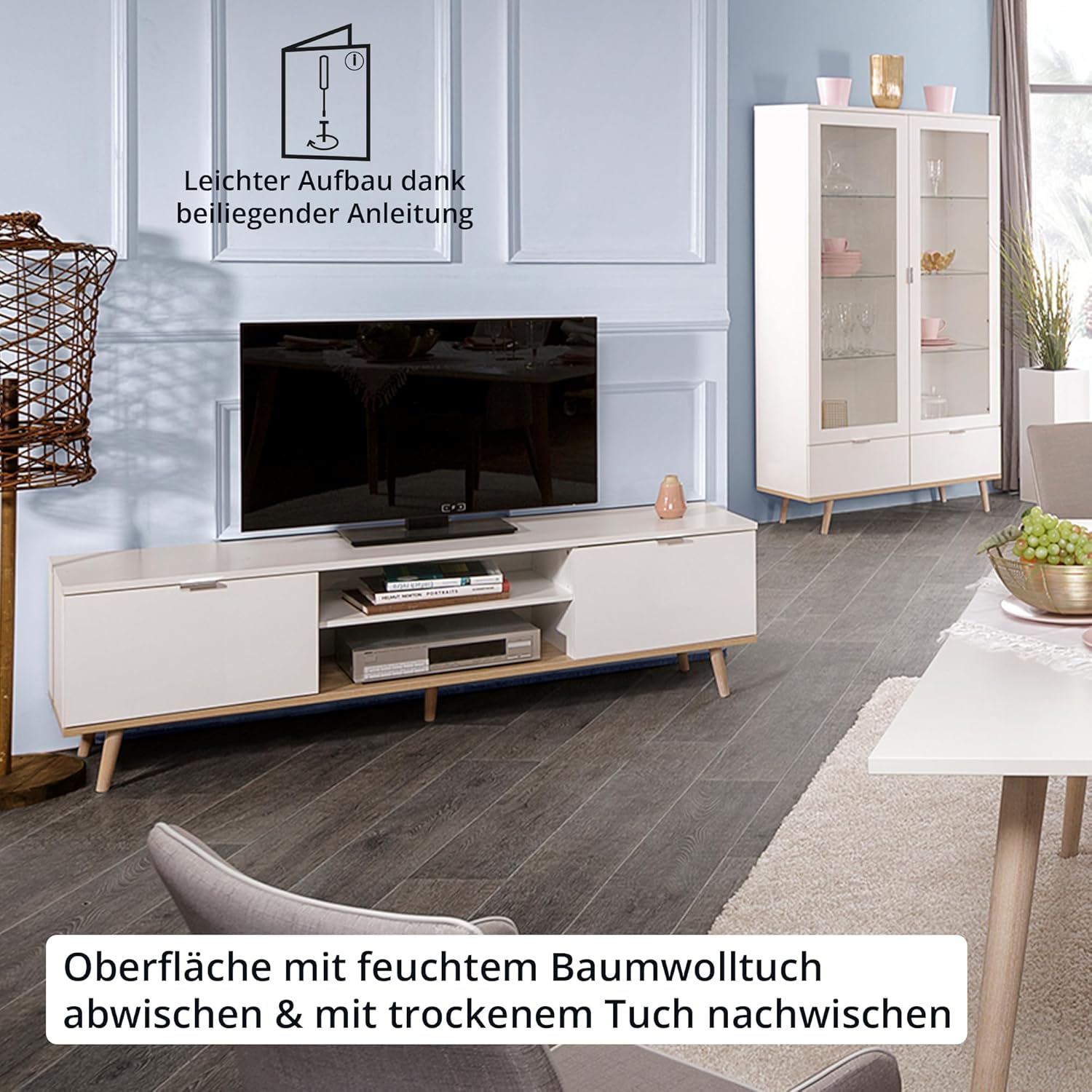 KHG TV-Lowboard 2-türig & 2 Fächer Scandi, TV-Bank aus Holzwerkstoff weiß foliert fürs Wohnzimmer, 35 kg belastbar, 160 x 50 x 40 cm (B/H/T)