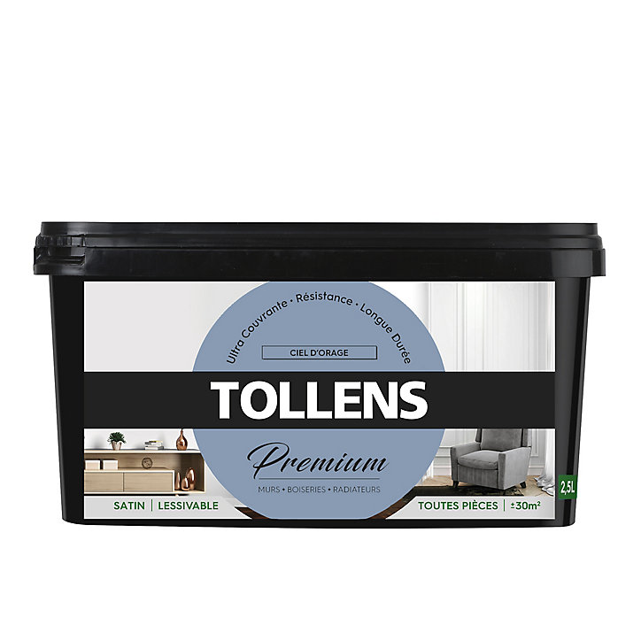 Peinture Tollens premium murs, boiseries et radiateurs ciel d'orage satin 2,5L