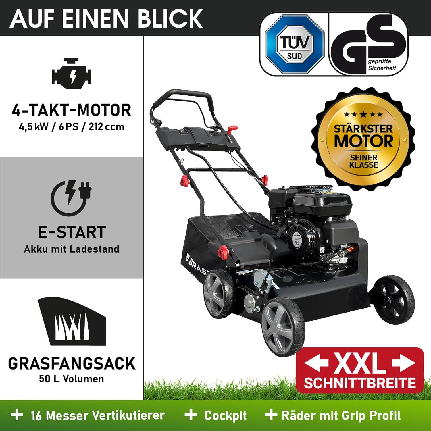 BRAST® Vertikutierer Benzin 4,5kW (6,12PS) | 4-Takt Motor 212ccm | 40-45cm Arbeitsbreite | TÜV geprüft | 50L Fangkorb | viele Modelle für kleine bis sehr große Rasenflächen | BRB-RV-45212 Estart