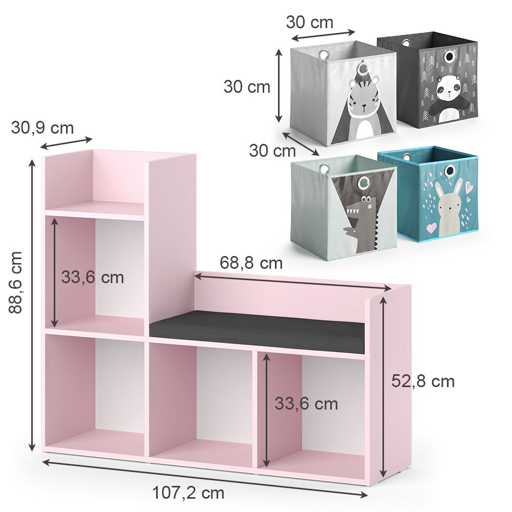 Vicco Regal mit Sitzbank Luigi 107 x 88 cm, Rosa, Kinderzimmer, mit 4 Faltboxen