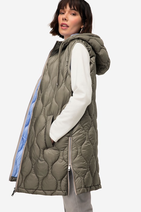 Steppweste, wasserabweisend, Longform, Kapuze, 2-Wege-Zipper, Saum-Zipper