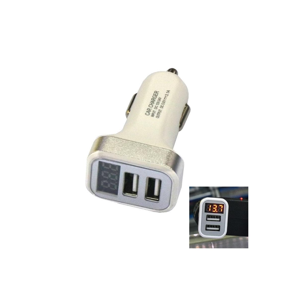 USB-billader med 2 USB-porter og display, sølv