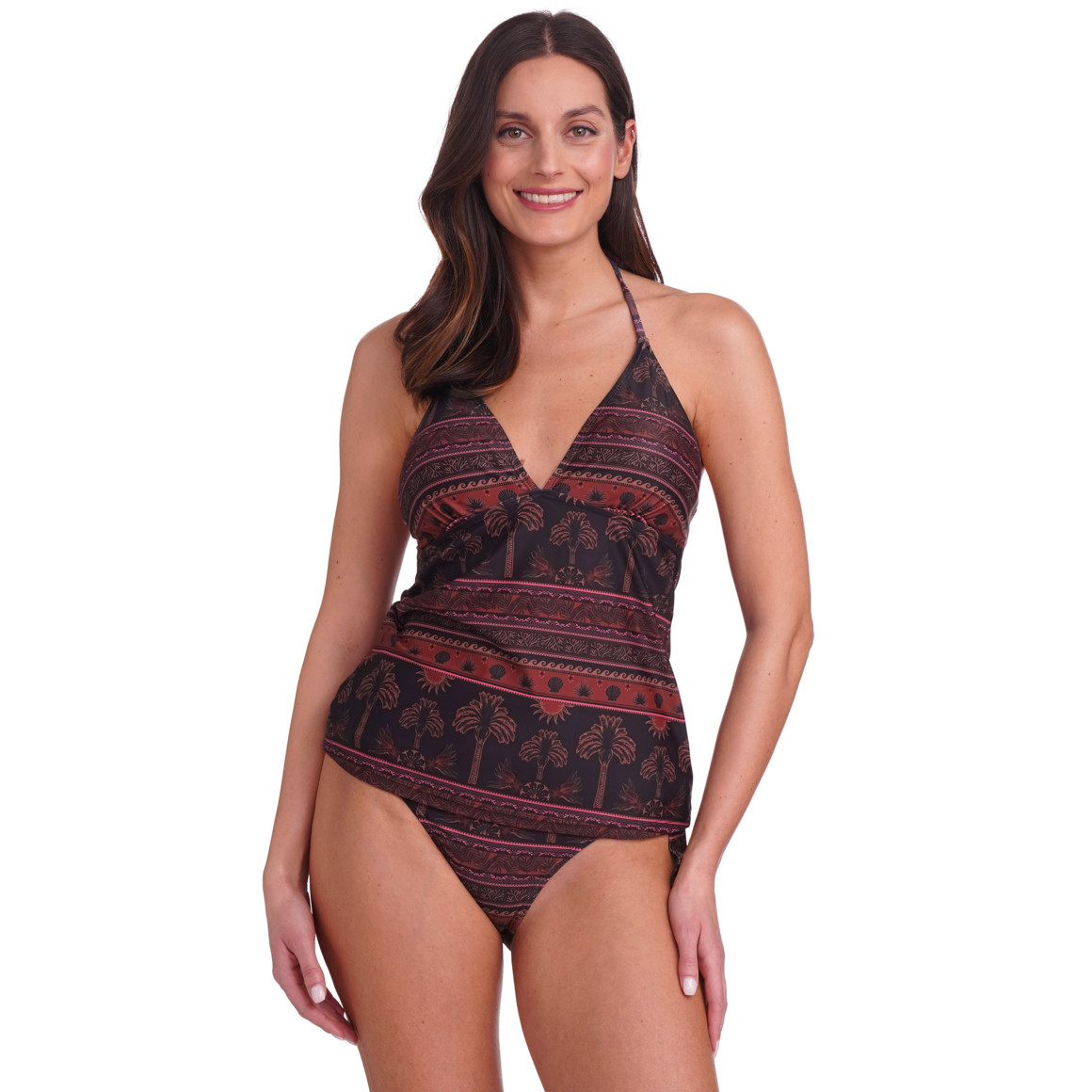 Gina Benotti Damen Tankinioberteil mit Palmen allover schwarz / dunkelrot / pink